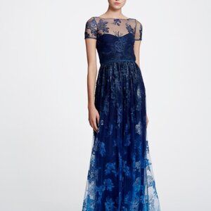 MARCHESA NOTTE Navy Blue Ombre Embroidered Floral Lace Illusion Gown